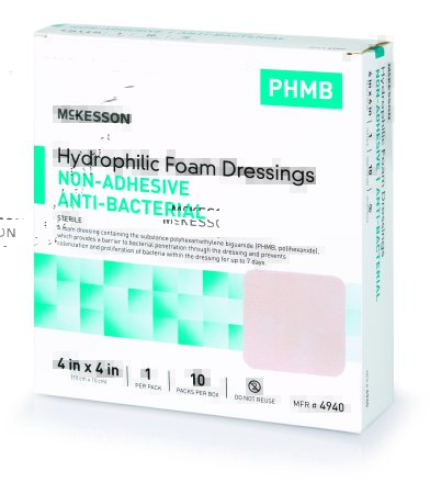 Picture of Antibacterial Foam Dressing McKesson 4 X 4 Inch Square Non-Adhesive without Border Sterile4940