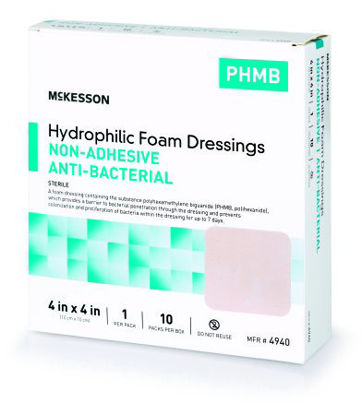 Picture of Antibacterial Foam Dressing McKesson 4 X 4 Inch Square Non-Adhesive without Border Sterile4940