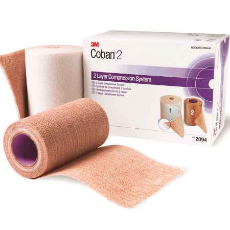 Picture of 2 Layer Compression Bandage System 3M™ Coban™ 2 2-9/10 Yard X 4 Inch / 4 Inch X 5-1/10 Yard 35 to 40 mmHg Self-adherent / Pull On Closure Tan / White NonSterile2094N