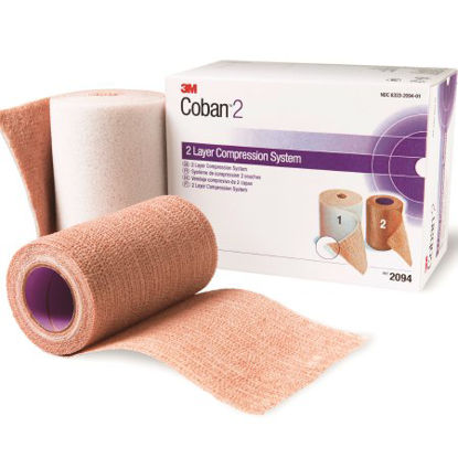 Picture of 2 Layer Compression Bandage System 3M™ Coban™ 2 2-9/10 Yard X 4 Inch / 4 Inch X 5-1/10 Yard 35 to 40 mmHg Self-adherent / Pull On Closure Tan / White NonSterile2094N