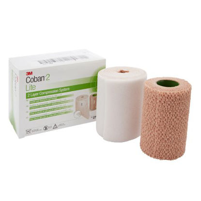 Picture of 2 Layer Compression Bandage System 3M™ Coban™2 Lite 4 Inch X 2-9/10 Yard / 4 Inch X 5-1/10 Yard 25 to 30 mmHg Self-adherent / Pull On Closure Tan / White NonSterile2794N