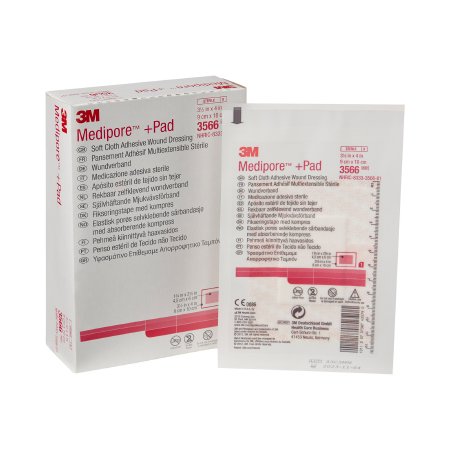 Picture of Adhesive Dressing 3M™ Medipore™ 3-1/2 X 4 Inch Soft Cloth Rectangle White Sterile3566