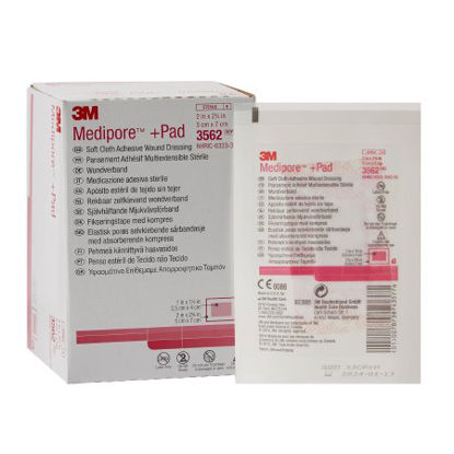Picture of Adhesive Dressing 3M™ Medipore™ 2 X 2-3/4 Inch Soft Cloth Rectangle White Sterile3562