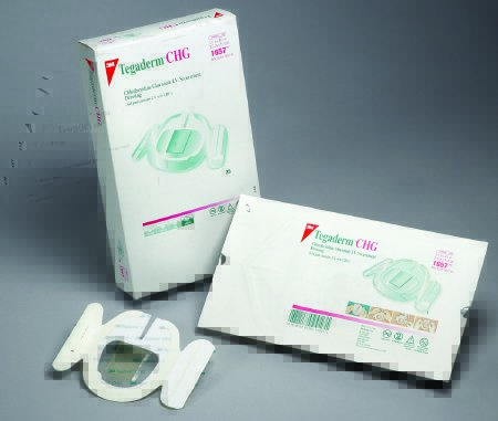 Picture of Antimicrobial I.V. Specialty Dressing 3M™ Tegaderm™ CHG CHG (Chlorhexidine Gluconate) / Film 3 1/2 X 4 1/2 Inch Sterile1657