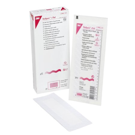 Picture of Adhesive Dressing 3M™ Medipore™ 3-1/2 X 10 Inch Soft Cloth Rectangle White Sterile3571