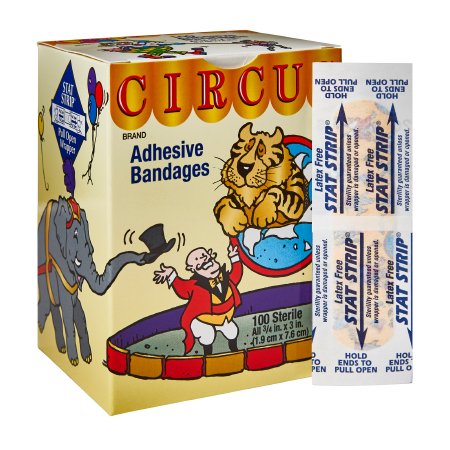 Picture of Adhesive Strip American® White Cross Stat Strip® 3/4 X 3 Inch Fabric Rectangle Kid Design (Circus) Sterile15600