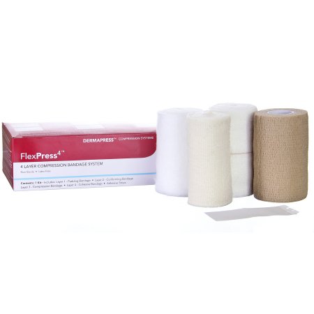 Picture of 4 Layer Compression Bandage System FlexPress4™ 4 Inch X 3-4/5 Yard / 4 Inch X 4-9/10 Yard / 4 Inch X 9-1/2 Yard / 4 Inch X 6-1/2 Yard Standard Compression Self-adherent / Tape Closure Tan / White NonSterile79000