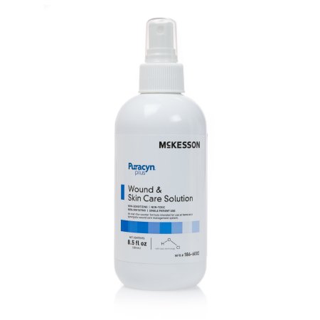 Picture of Wound Irrigation Solution McKesson Puracyn® Plus 8.5 oz. Pump Bottle NonSterile Hypochlorous Acid (HOCI) (0.012%), Sodium Hypochlorite (NaOCI) (0.001%), Electrolyzed Water (H2O) (99.916%), Sodium Chloride (NaCI) (0.031%), Phosphates (0.040%)186-6002