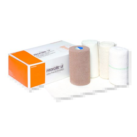 Picture of 4 Layer Compression Bandage System Profore LF 5-1/2 X 8 Inch / 4 Inch X 4 Yard / 4 Inch X 3 Yard / 4 Inch X 2-4/5 Yard Standard Compression Self-adherent / Tape Closure Tan / White NonSterile66020626