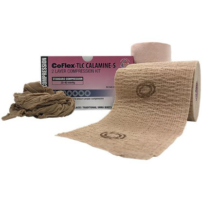 Picture of 2 Layer Compression Bandage System CoFlex® TLC Calamine with Indicators 4 Inch X 6 Yard / 4 Inch X 7 Yard 35 to 40 mmHg Self-adherent / Pull On Closure Tan NonSterile8840UBC-SC