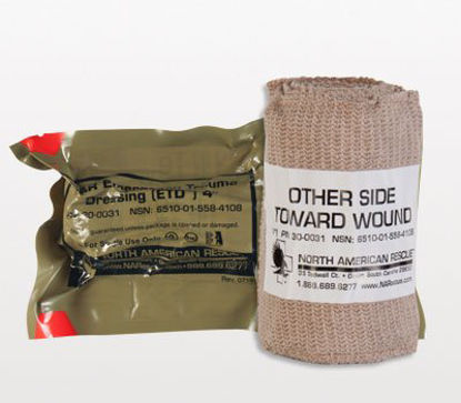 Picture of Trauma Pressure Dressing with Wrap ETD™ 4 X 70 Inch Standard Compression C-Clasp Closure Tan / White 4 X 6 Inch Pad Sterile30-0031