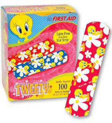 Picture of Adhesive Strip American® White Cross Stat Strip® 3/4 X 3 Inch Plastic Rectangle Kid Design (Tweety Flowers) SterileAB04