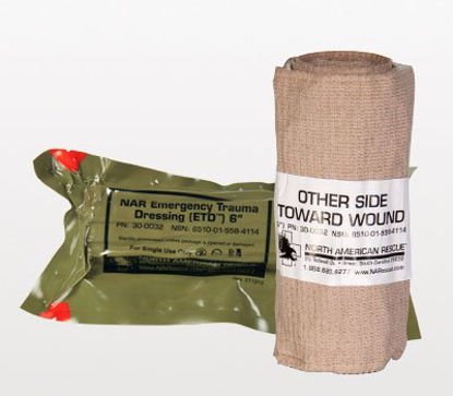 Picture of Trauma Pressure Dressing with Wrap ETD™ 6 X 70 Inch Standard Compression C-Clasp Closure Tan / White 6 X 6 Inch Pad Sterile30-0032