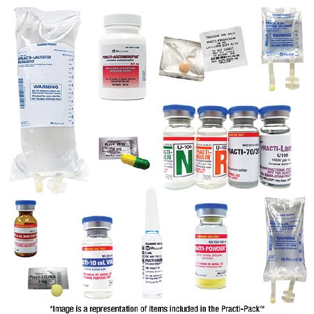 Picture of Clinical Training Medication Pack Practi-Med Dispense Cart Base Level Pack 2 Ampule / Vial / IV Bag / Syringe Unsterile Fructose / Tartrazine / Distilled Water Yellow Powder / Liquid / TabletMDV-200