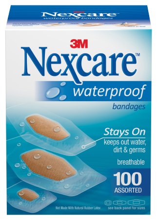 Picture of Adhesive Strip Nexcare™ Waterproof 7/8 X 1-1/16 Inch / 1-1/4 X 2-1/2 Inch / 1-1/16 X 2-1/4 Inch Plastic / Film Rectangle Clear / Tan Sterile432-100