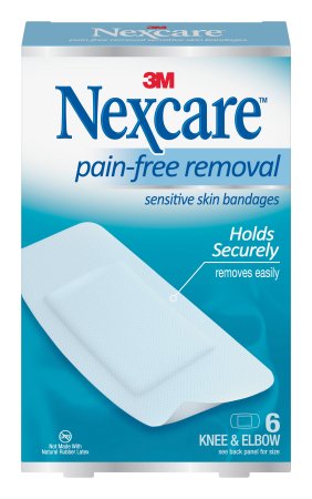 Picture of Adhesive Strip Nexcare™ Sensitive Skin 1-1/8 X 5 - 15/16 Inch / 2-1/4 X 10 - 7/8 Inch / 3 X 5-7/8 Inch Silicone Knee / Elbow White SterileSSB-06