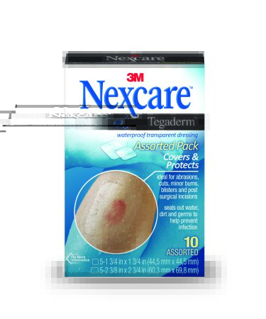 Picture of Transparent Film Dressing Nexcare™ Tegaderm™ Assorted Shapes ( 5 ) 1-3/4 X 1-3/4 Inch, ( 5 ) 2-3/8 X 2-3/4 Inch 2 Tab Delivery Without Label SterileTEGA-10
