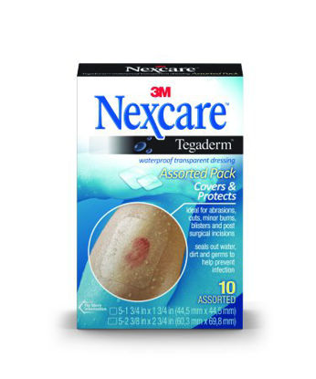 Picture of Transparent Film Dressing Nexcare™ Tegaderm™ Assorted Shapes ( 5 ) 1-3/4 X 1-3/4 Inch, ( 5 ) 2-3/8 X 2-3/4 Inch 2 Tab Delivery Without Label SterileTEGA-10