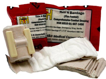Picture of Trauma Pressure Dressing with Wrap Thin H 1-1/8 X 3-1/5 X 7-1/2 Inch Rolled Standard Compression Hook and Loop Closure Tan / White 4 X 7-1/2 Inch Pad SterileHBT01