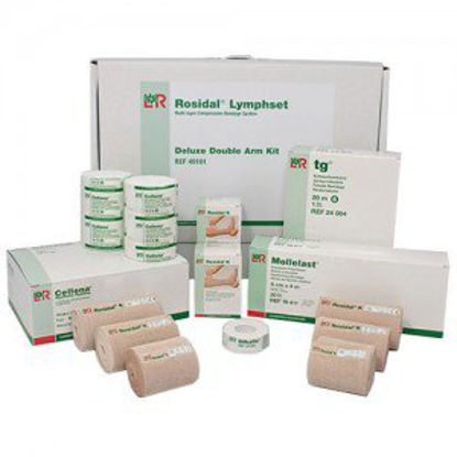 Picture of 4 Layer Compression Bandage System Rosidal® Lymphset 2-2/5 Inch X 4-2/5 Yard / 4 Inch X 3-3/10 Yard / 2-2/5 Inch X 5-1/2 Yard / 3-1/5 Inch X 5-1/2 Yard / 4 Inch X 5-1/2 Yard / 1/2 Inch X 5-1/2 Yard Deluxe Double Arm Standard Compression Pull On / Tape Closure Tan / White NonSterile136672