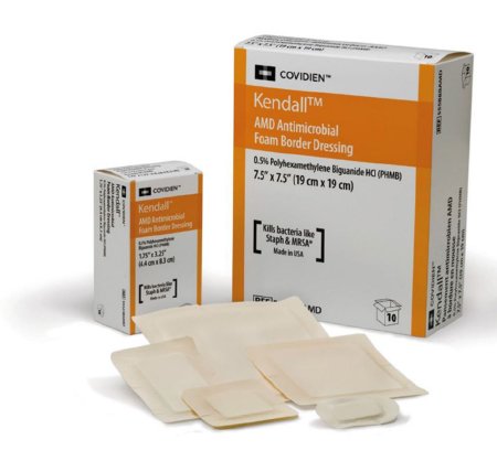 Picture of Antimicrobial Foam Dressing Kendall™ AMD 7-1/2 X 7-1/2 Inch Square Adhesive with Border Sterile55588BAMD