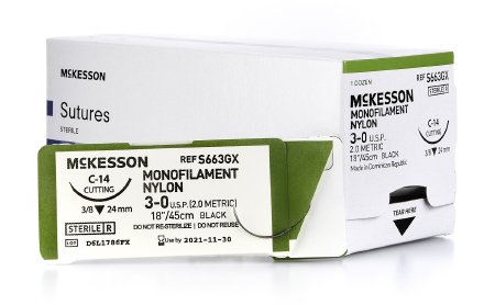 Picture of Suture with Needle McKesson Nonabsorbable Uncoated Black Suture Monofilament Nylon Size 3 - 0 18 Inch Suture 1-Needle 24 mm Length 3/8 Circle Reverse Cutting NeedleS663GX