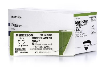 Picture of Suture with Needle McKesson Nonabsorbable Uncoated Black Suture Monofilament Nylon Size 5 - 0 18 Inch Suture 1-Needle 13 mm Length 3/8 Circle Reverse Cutting NeedleS698GX