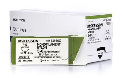 Picture of Suture with Needle McKesson Nonabsorbable Uncoated Black Suture Monofilament Nylon Size 5 - 0 18 Inch Suture 1-Needle 13 mm Length 3/8 Circle Reverse Cutting NeedleS698GX