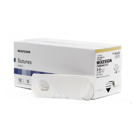 Picture of Suture with Needle McKesson Absorbable Uncoated Undyed Suture Chromic Gut Size 3 - 0 30 Inch Suture 1-Needle 19 mm Length 3/8 Circle Reverse Cutting NeedleS636GX