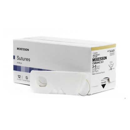 Picture of Suture with Needle McKesson Absorbable Uncoated Undyed Suture Chromic Gut Size 3 - 0 30 Inch Suture 1-Needle 19 mm Length 3/8 Circle Reverse Cutting NeedleS636GX
