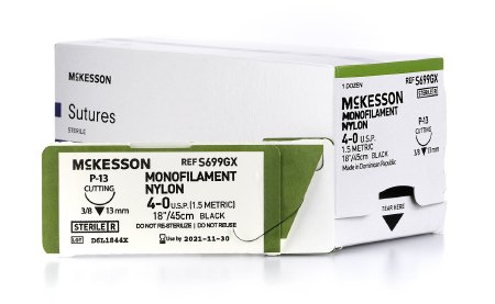 Picture of Suture with Needle McKesson Nonabsorbable Uncoated Black Suture Monofilament Nylon Size 4 - 0 18 Inch Suture 1-Needle 13 mm Length 3/8 Circle Reverse Cutting NeedleS699GX