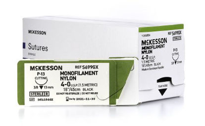 Picture of Suture with Needle McKesson Nonabsorbable Uncoated Black Suture Monofilament Nylon Size 4 - 0 18 Inch Suture 1-Needle 13 mm Length 3/8 Circle Reverse Cutting NeedleS699GX