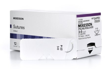 Picture of Suture with Needle McKesson Absorbable Uncoated Undyed Suture Braided Polyglycolic Acid Suture Size 3 - 0 18 Inch Suture 1-Needle 19 mm Length 3/8 Circle Reverse Cutting NeedleSJ497GX
