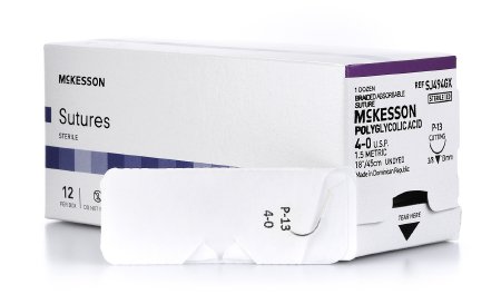 Picture of Suture with Needle McKesson Absorbable Uncoated Undyed Suture Braided Polyglycolic Acid Suture Size 4 - 0 18 Inch Suture 1-Needle 13 mm Length 3/8 Circle Reverse Cutting NeedleSJ494GX