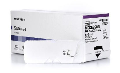 Picture of Suture with Needle McKesson Absorbable Uncoated Undyed Suture Braided Polyglycolic Acid Suture Size 4 - 0 18 Inch Suture 1-Needle 13 mm Length 3/8 Circle Reverse Cutting NeedleSJ494GX