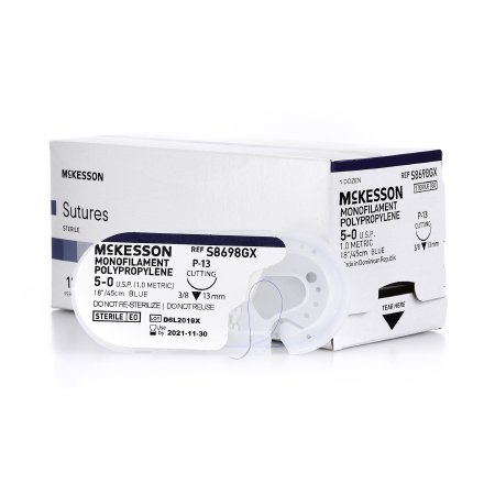 Picture of Suture with Needle McKesson Nonabsorbable Uncoated Blue Suture Monofilament Polypropylene Suture Size 5 - 0 18 Inch Suture 1-Needle 13 mm Length 3/8 Circle Reverse Cutting NeedleS8698GX