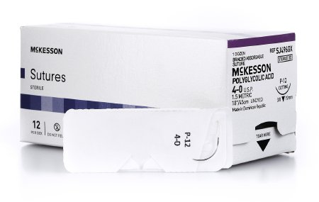 Picture of Suture with Needle McKesson Absorbable Uncoated Undyed Suture Braided Polyglycolic Acid Suture Size 4 - 0 18 Inch Suture 1-Needle 19 mm Length 3/8 Circle Reverse Cutting NeedleSJ496GX