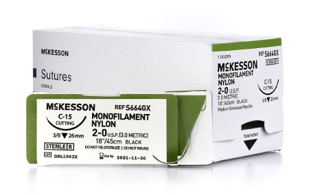 Picture of Suture with Needle McKesson Nonabsorbable Uncoated Black Suture Monofilament Nylon Size 2 - 0 18 Inch Suture 1-Needle 26 mm Length 3/8 Circle Reverse Cutting NeedleS664GX