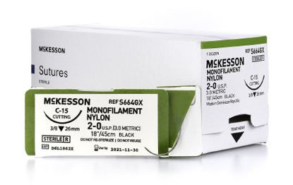 Picture of Suture with Needle McKesson Nonabsorbable Uncoated Black Suture Monofilament Nylon Size 2 - 0 18 Inch Suture 1-Needle 26 mm Length 3/8 Circle Reverse Cutting NeedleS664GX