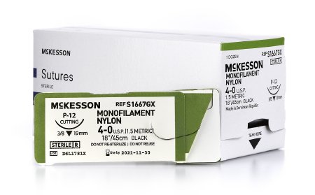 Picture of Suture with Needle McKesson Nonabsorbable Uncoated Black Suture Monofilament Nylon Size 4 - 0 18 Inch Suture 1-Needle 19 mm Length 3/8 Circle Reverse Cutting NeedleS1667GX