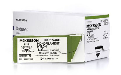 Picture of Suture with Needle McKesson Nonabsorbable Uncoated Black Suture Monofilament Nylon Size 4 - 0 18 Inch Suture 1-Needle 19 mm Length 3/8 Circle Reverse Cutting NeedleS1667GX