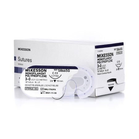 Picture of Suture with Needle McKesson Nonabsorbable Uncoated Blue Suture Monofilament Polypropylene Suture Size 3 - 0 18 Inch Suture 1-Needle 19 mm Length 3/8 Circle Reverse Cutting NeedleS8665G