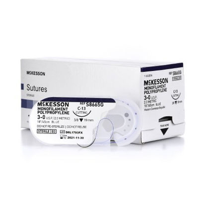 Picture of Suture with Needle McKesson Nonabsorbable Uncoated Blue Suture Monofilament Polypropylene Suture Size 3 - 0 18 Inch Suture 1-Needle 19 mm Length 3/8 Circle Reverse Cutting NeedleS8665G