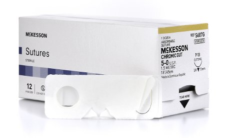 Picture of Suture with Needle McKesson Absorbable Uncoated Black Suture Chromic Gut Size 5 - 0 18 Inch Suture 1-Needle 13 mm Length 3/8 Circle Reverse Cutting NeedleS687G