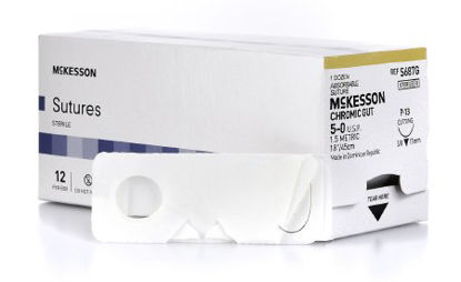 Picture of Suture with Needle McKesson Absorbable Uncoated Black Suture Chromic Gut Size 5 - 0 18 Inch Suture 1-Needle 13 mm Length 3/8 Circle Reverse Cutting NeedleS687G