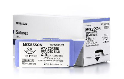 Picture of Suture with Needle McKesson Nonabsorbable Uncoated Black Suture Braided Silk Size 4 - 0 18 Inch Suture 1-Needle 19 mm Length 3/8 Circle Reverse Cutting NeedleS683GX