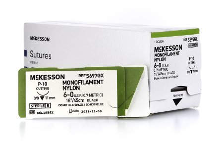 Picture of Suture with Needle McKesson Nonabsorbable Uncoated Black Suture Monofilament Nylon Size 6 - 0 18 Inch Suture 1-Needle 11 mm Length 3/8 Circle Reverse Cutting NeedleS697GX