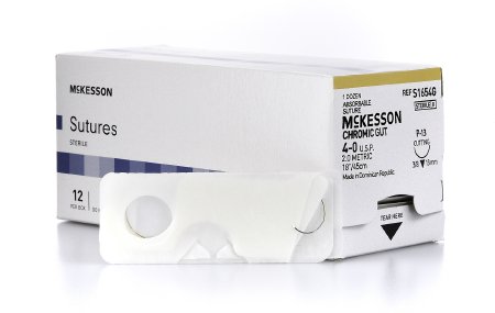 Picture of Suture with Needle McKesson Absorbable Uncoated Black Suture Chromic Gut Size 4 - 0 18 Inch Suture 1-Needle 13 mm Length 3/8 Circle Reverse Cutting NeedleS1654G