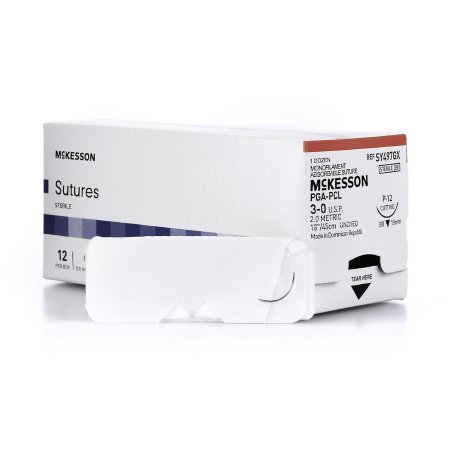 Picture of Suture with Needle McKesson Absorbable Uncoated Undyed Suture Monofilament Polyglycolic Acid / PCL Size 3 - 0 18 Inch Suture 1-Needle 19 mm Length 3/8 Circle Reverse Cutting NeedleSY497GX
