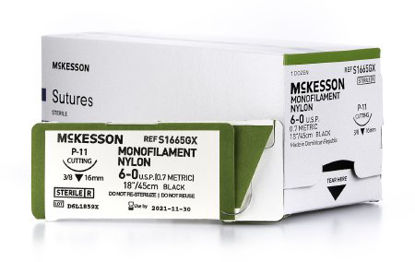 Picture of Suture with Needle McKesson Nonabsorbable Uncoated Black Suture Monofilament Nylon Size 6 - 0 18 Inch Suture 1-Needle 16 mm Length 3/8 Circle Reverse Cutting NeedleS1665GX